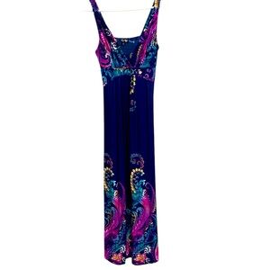 Papillon blue floor length summer dress w vibrant colours, empire waist, stretch